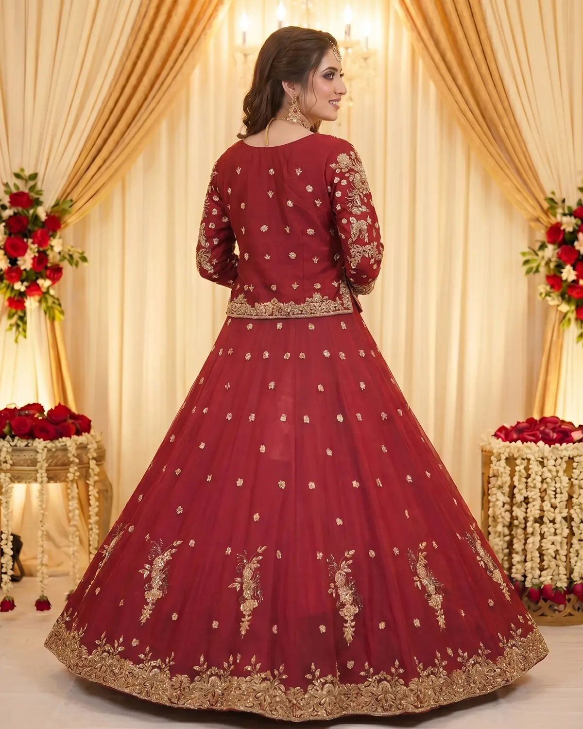 Red Golden Luxe Zari Work Bridal Lehenga - Image 3