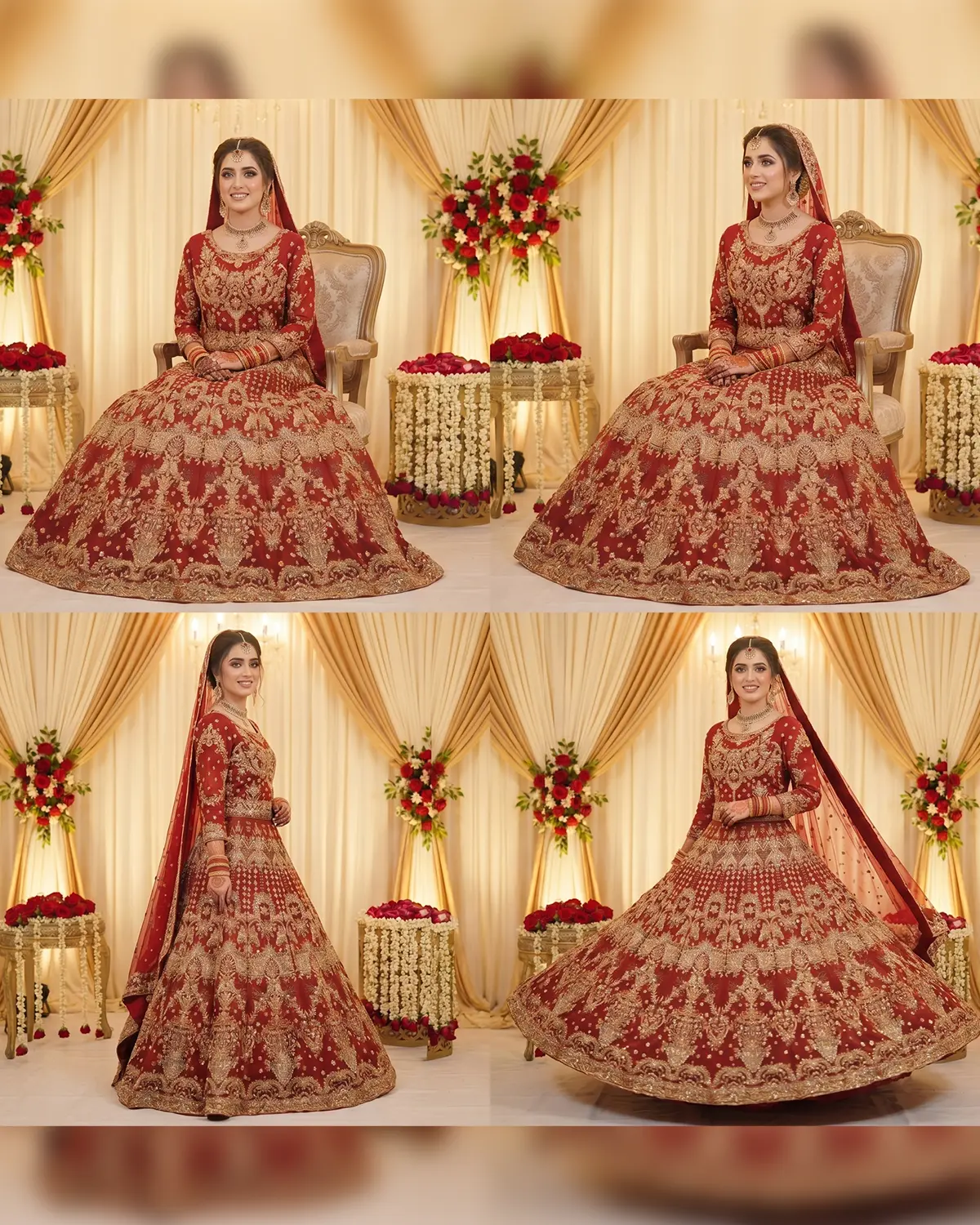 Red Golden Luxe Zari Work Bridal Lehenga - Image 4