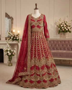 Red Intricate Rust Gold Bridal Lehenga