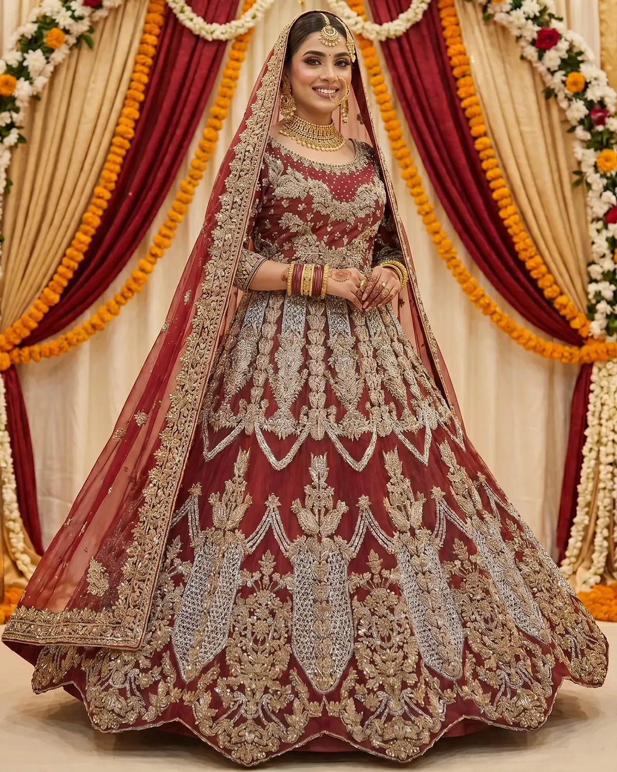 Red Regal Silver Gold Intricate Bridal Lehenga - Image 2