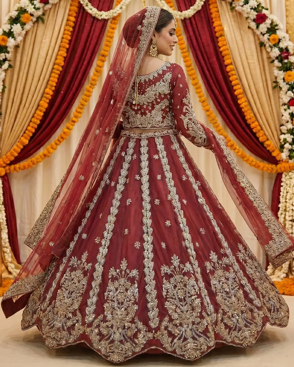 Red Regal Silver Gold Intricate Bridal Lehenga - Image 3