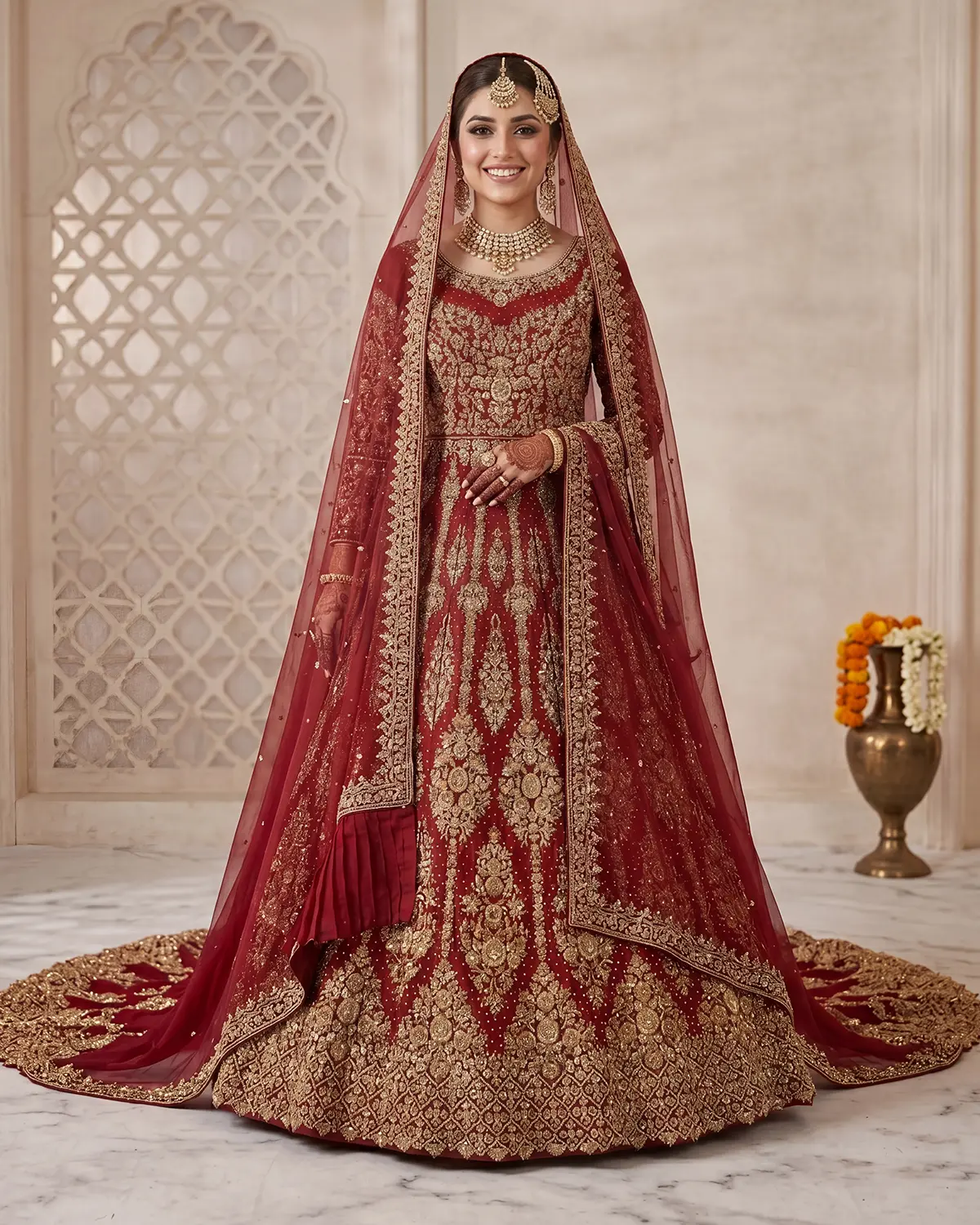 Royal Crimson Saira Gold Tail Bridal Lehenga - Image 2