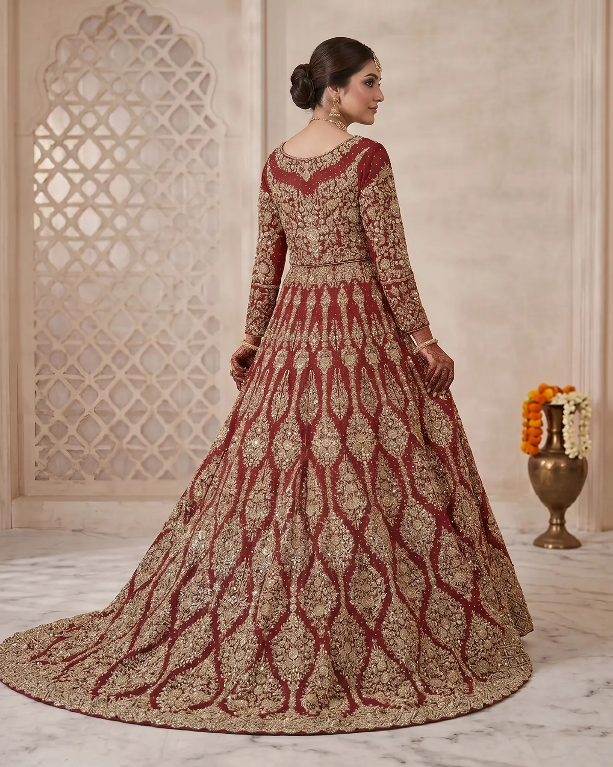 Royal Crimson Saira Gold Tail Bridal Lehenga - Image 3