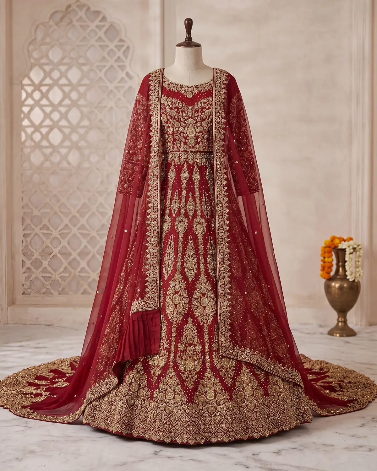 Royal Crimson Saira Gold Tail Bridal Lehenga