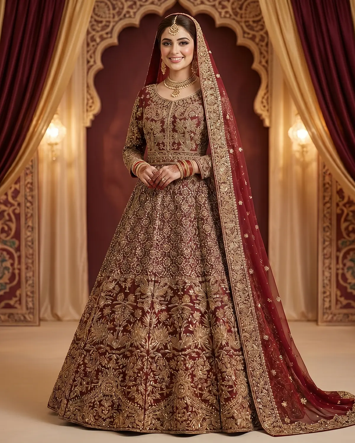 Royal Gold Patterned Embroidered Bridal Lehenga - Image 2