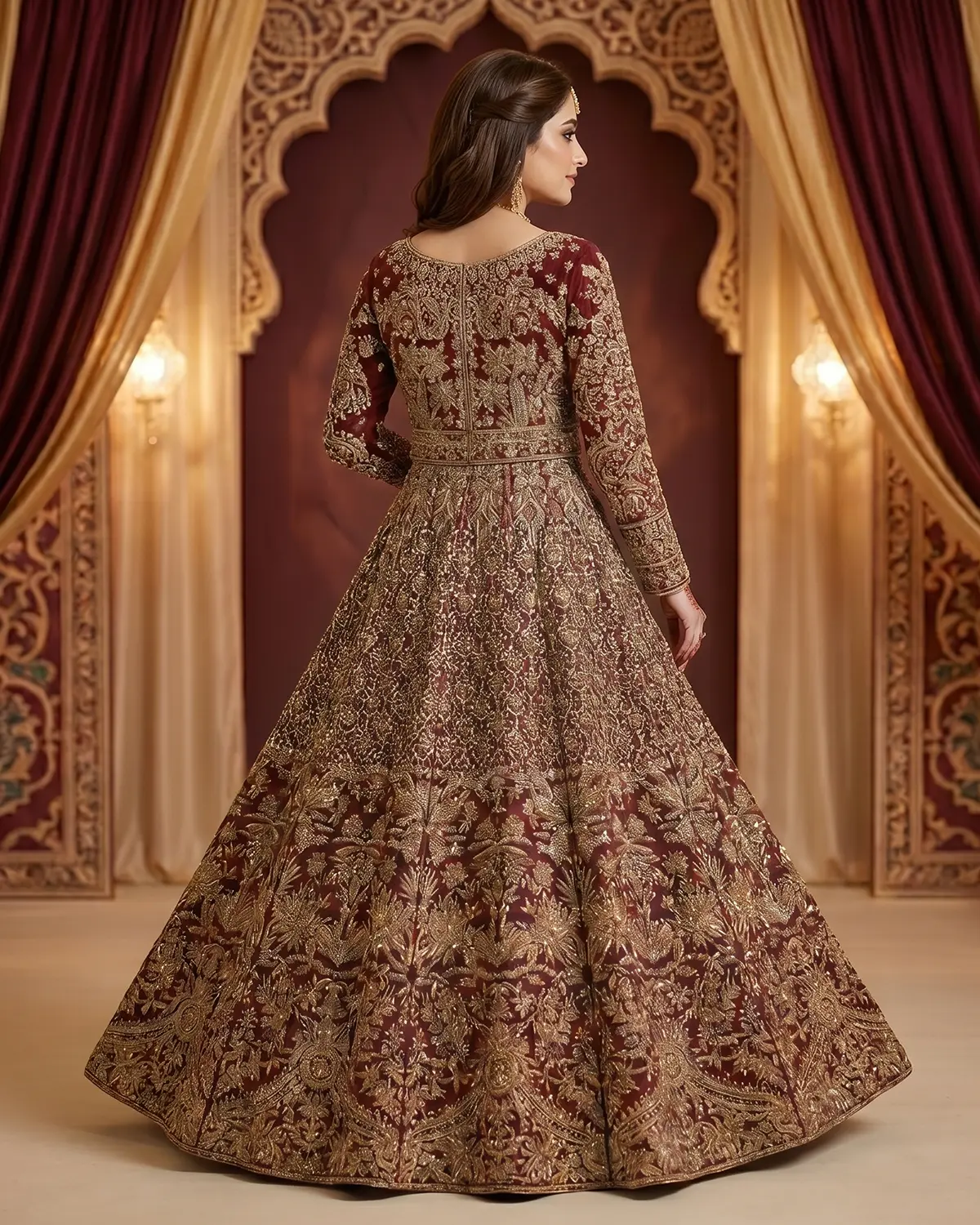 Royal Gold Patterned Embroidered Bridal Lehenga - Image 3