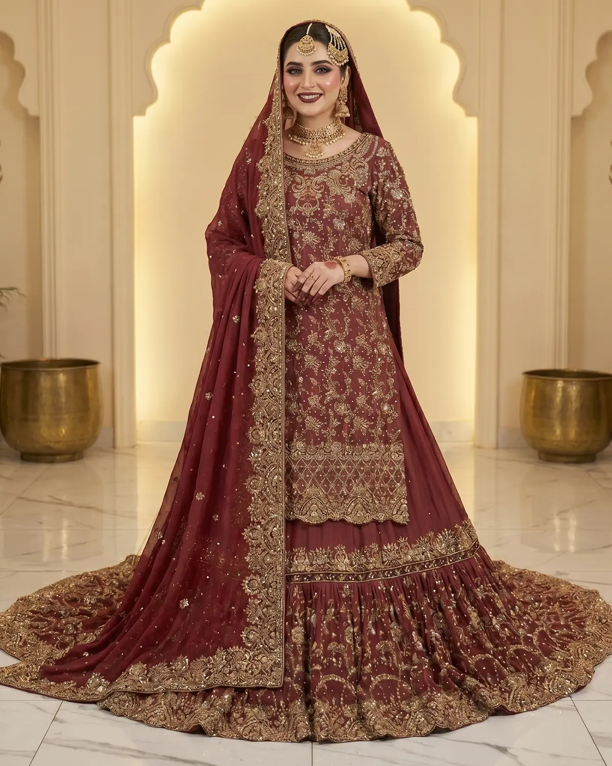 Royal Maroon Classic Bridal Farshi Lehenga Shirt - Image 2