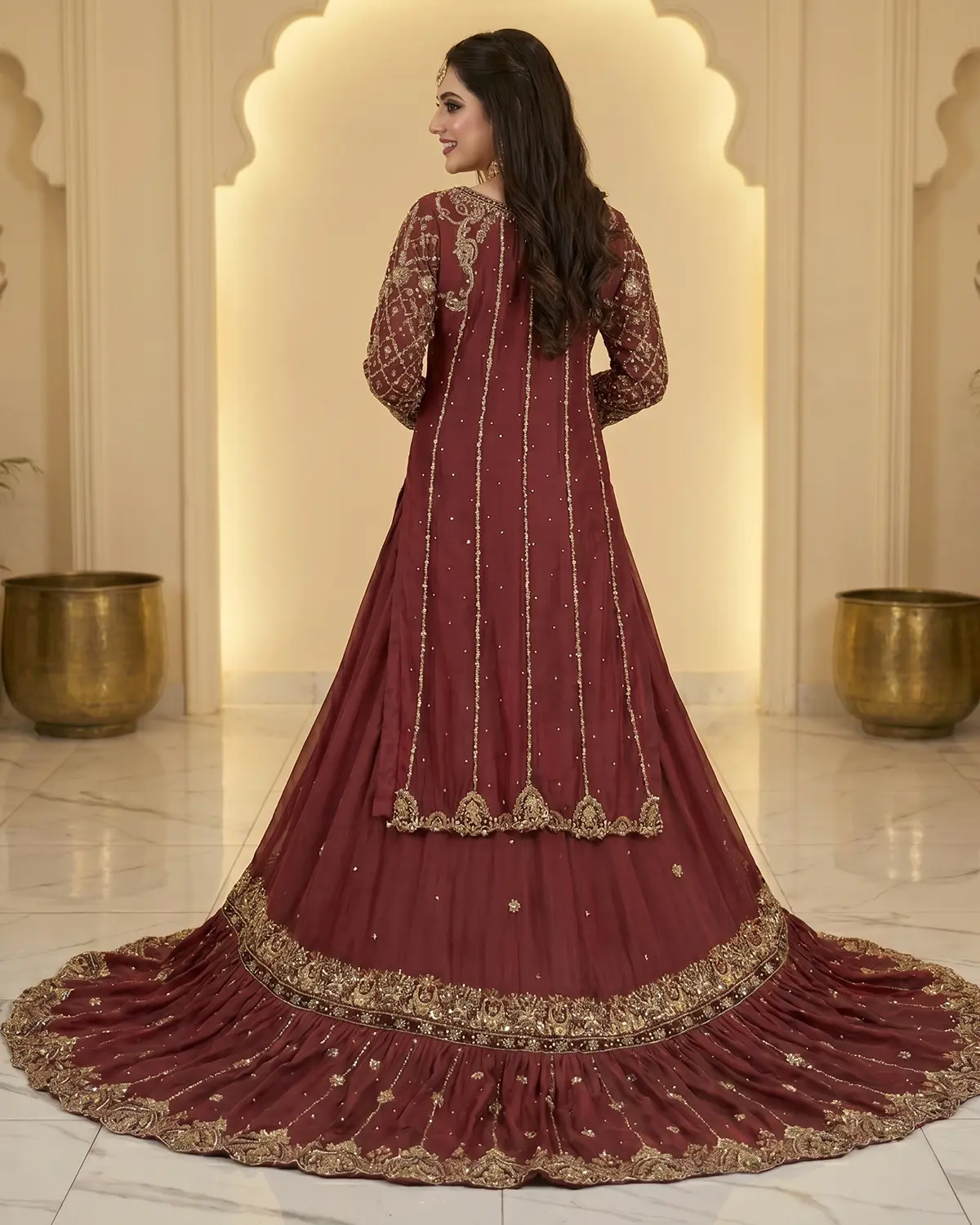 Royal Maroon Classic Bridal Farshi Lehenga Shirt - Image 3