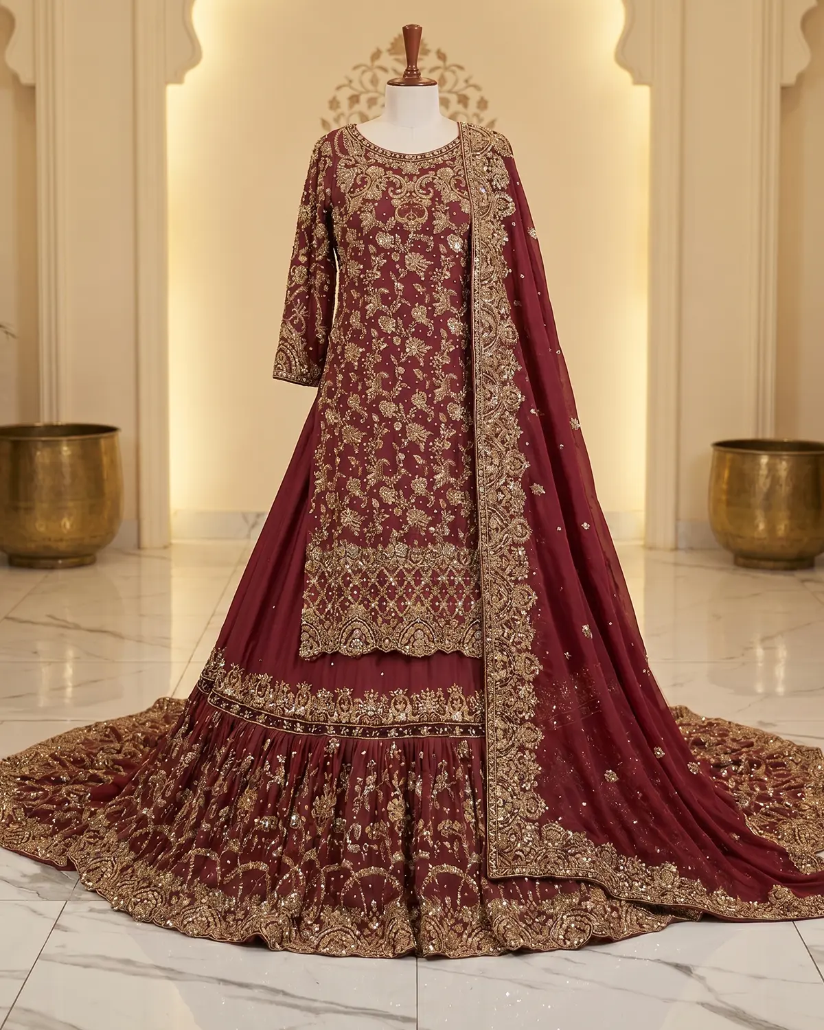 Royal Maroon Classic Bridal Farshi Lehenga Shirt