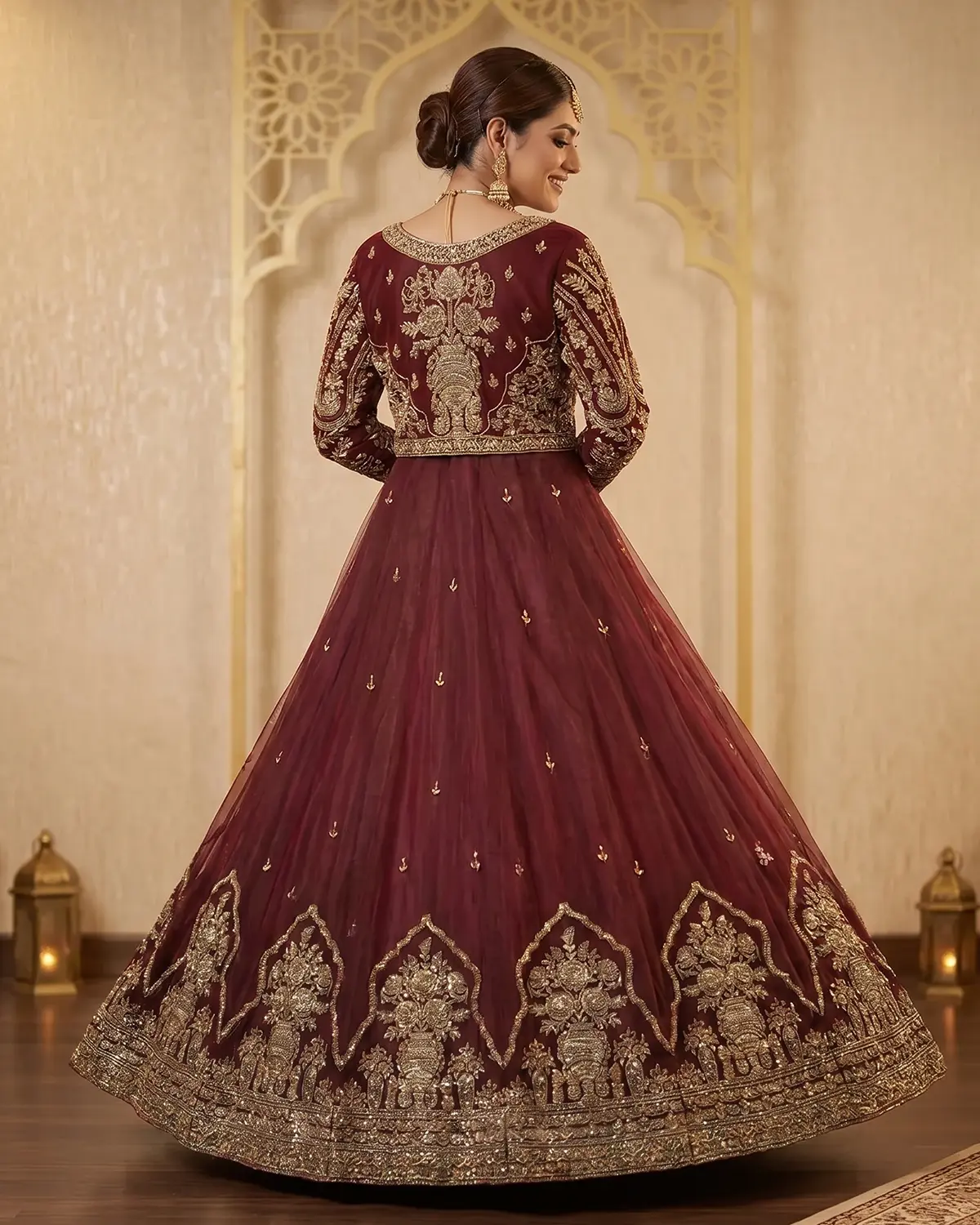 Royal Maroon Elegant Mughal Zardozi Bridal Lehenga - Image 3