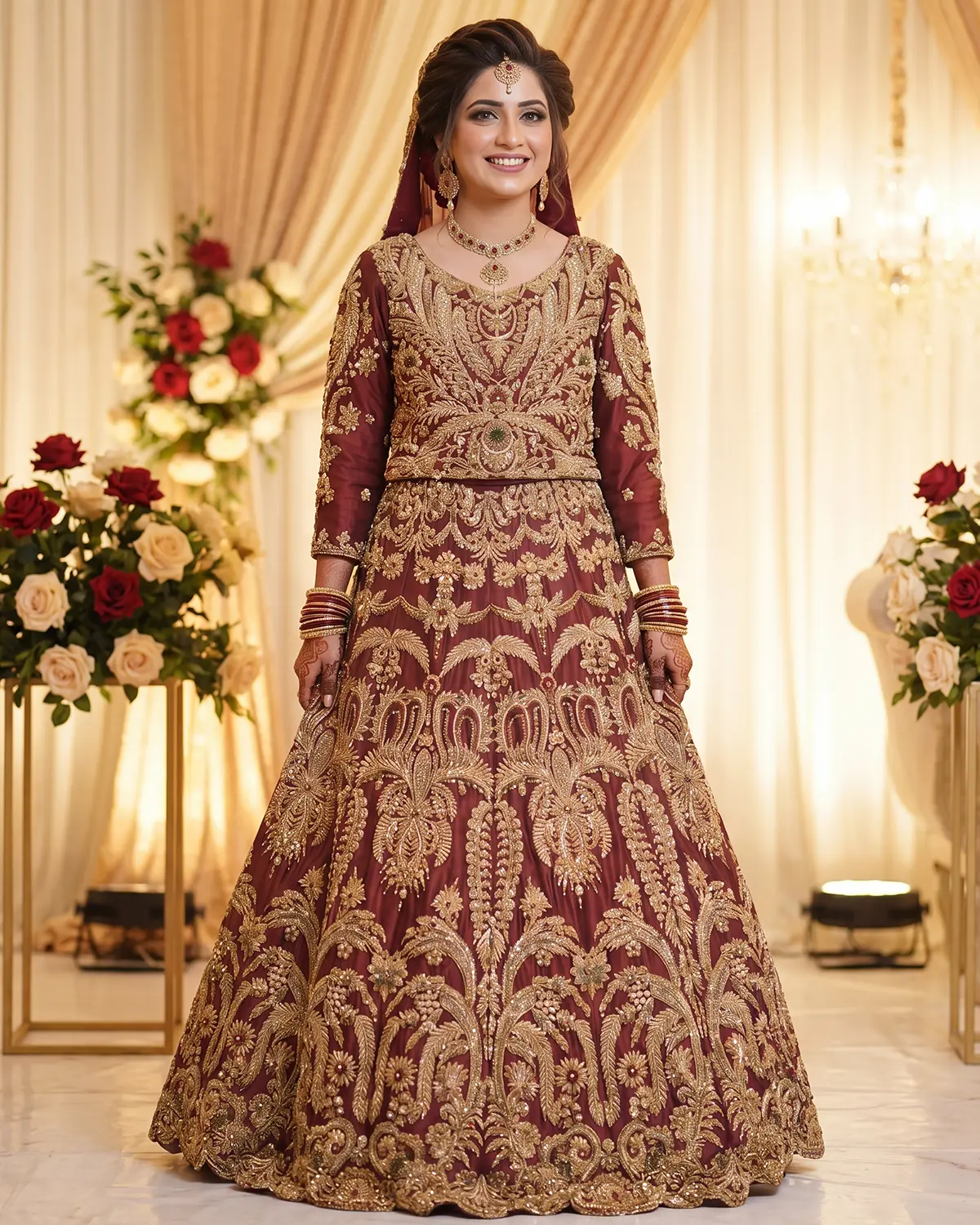 Royal Maroon Golden Mughal Heavy Embroidery Bridal Lehenga - Image 2