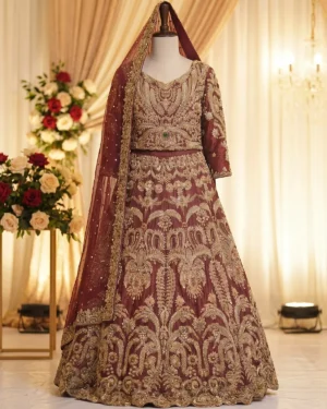 Royal Maroon Golden Mughal Heavy Embroidery Bridal Lehenga