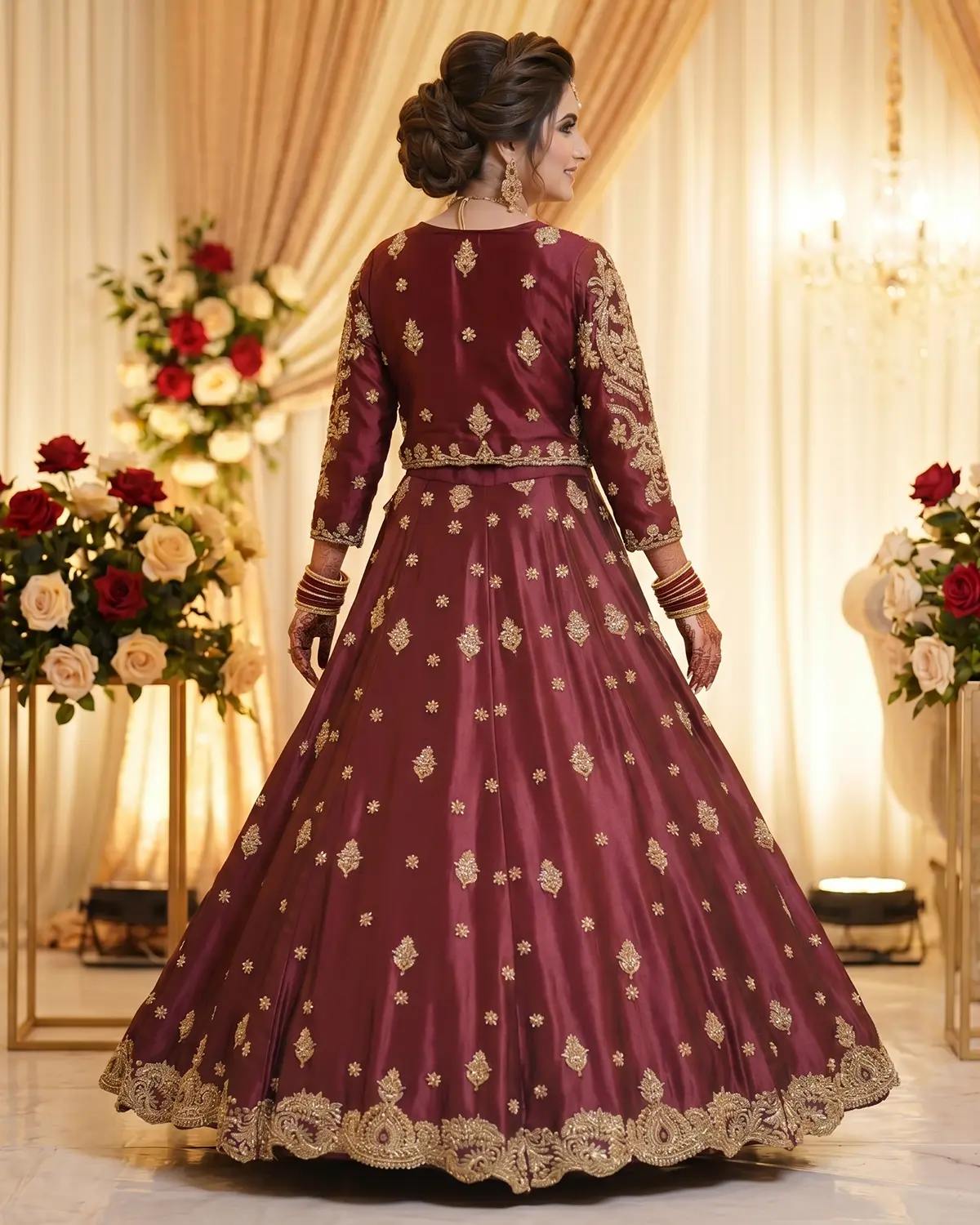 Royal Maroon Golden Mughal Heavy Embroidery Bridal Lehenga - Image 3