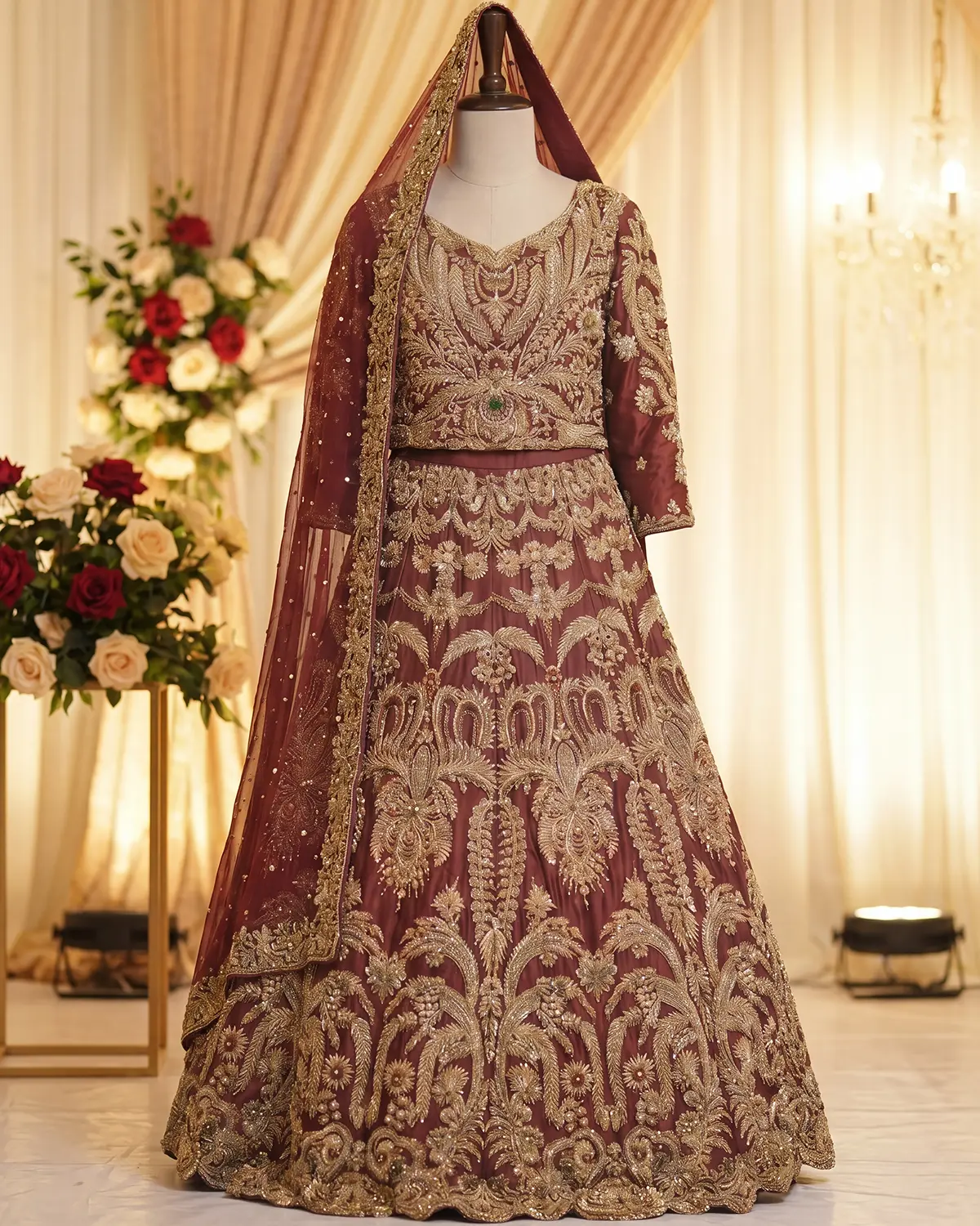 Royal Maroon Golden Mughal Heavy Embroidery Bridal Lehenga