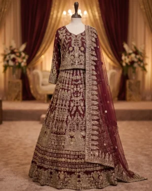 Royal Maroon Rust Zardozi Embroidery Bridal Lehenga