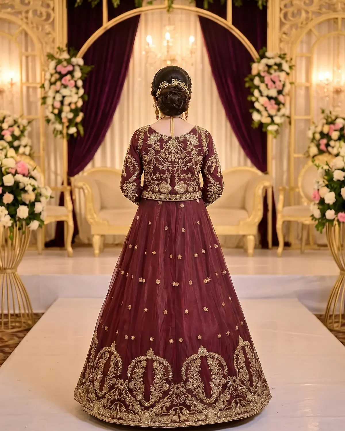 Rust Maroon Abeer Zari Work Bridal Lehenga - Image 3