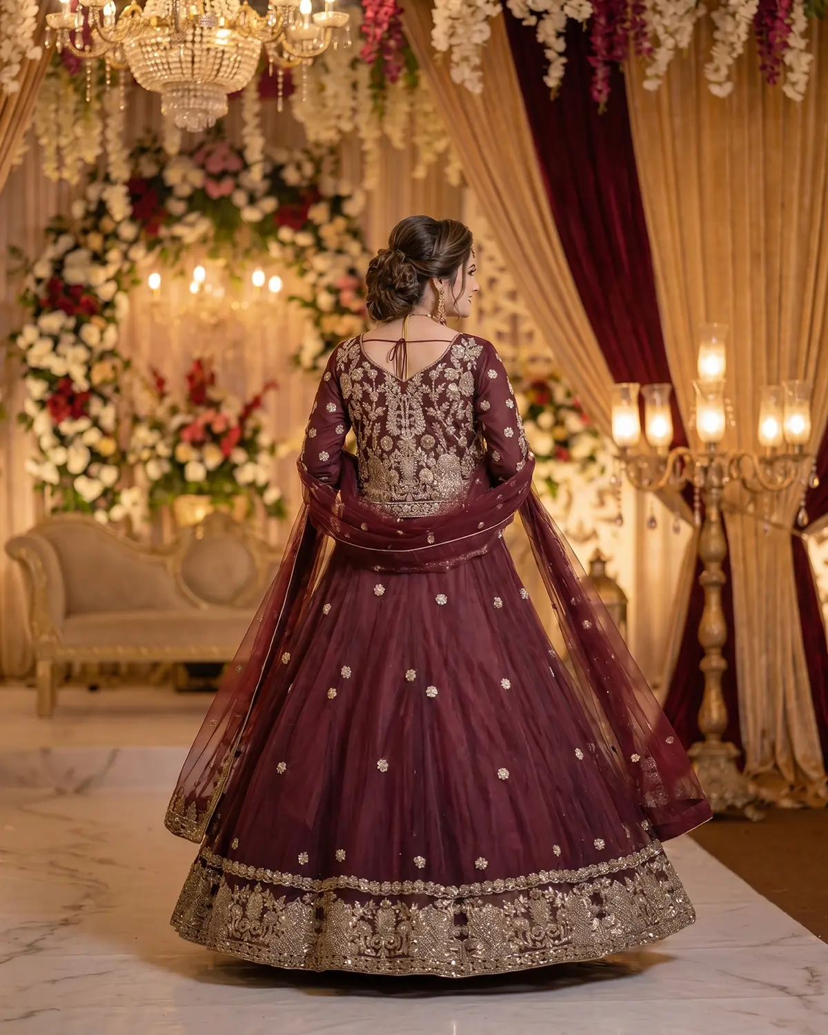 Royal Maroon Rust Zardozi Embroidery Bridal Lehenga - Image 3
