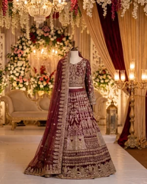 Royal Maroon Rust Zardozi Embroidery Bridal Lehenga
