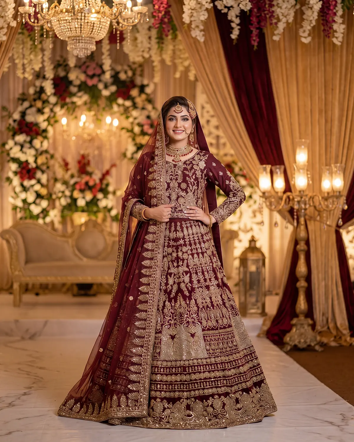 Royal Maroon Rust Zardozi Embroidery Bridal Lehenga - Image 2