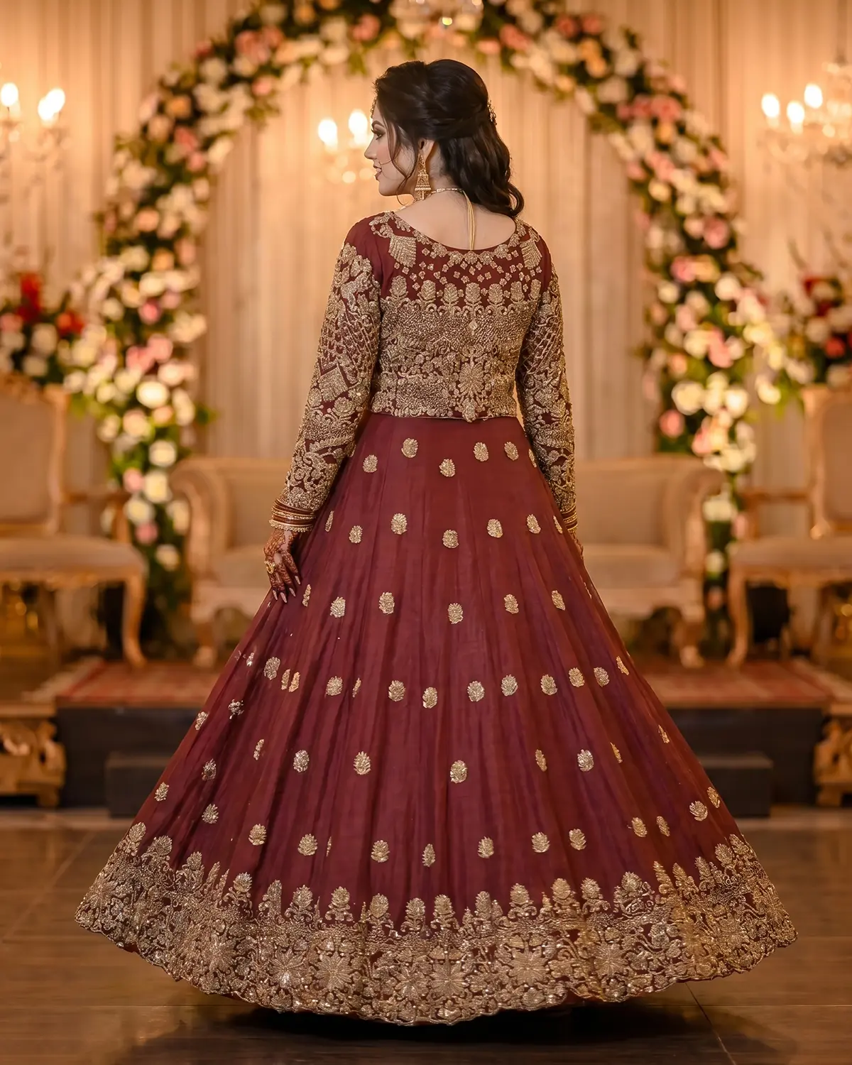 Royal Maroon Rust gold Embroidered Bridal lehenga - Image 4