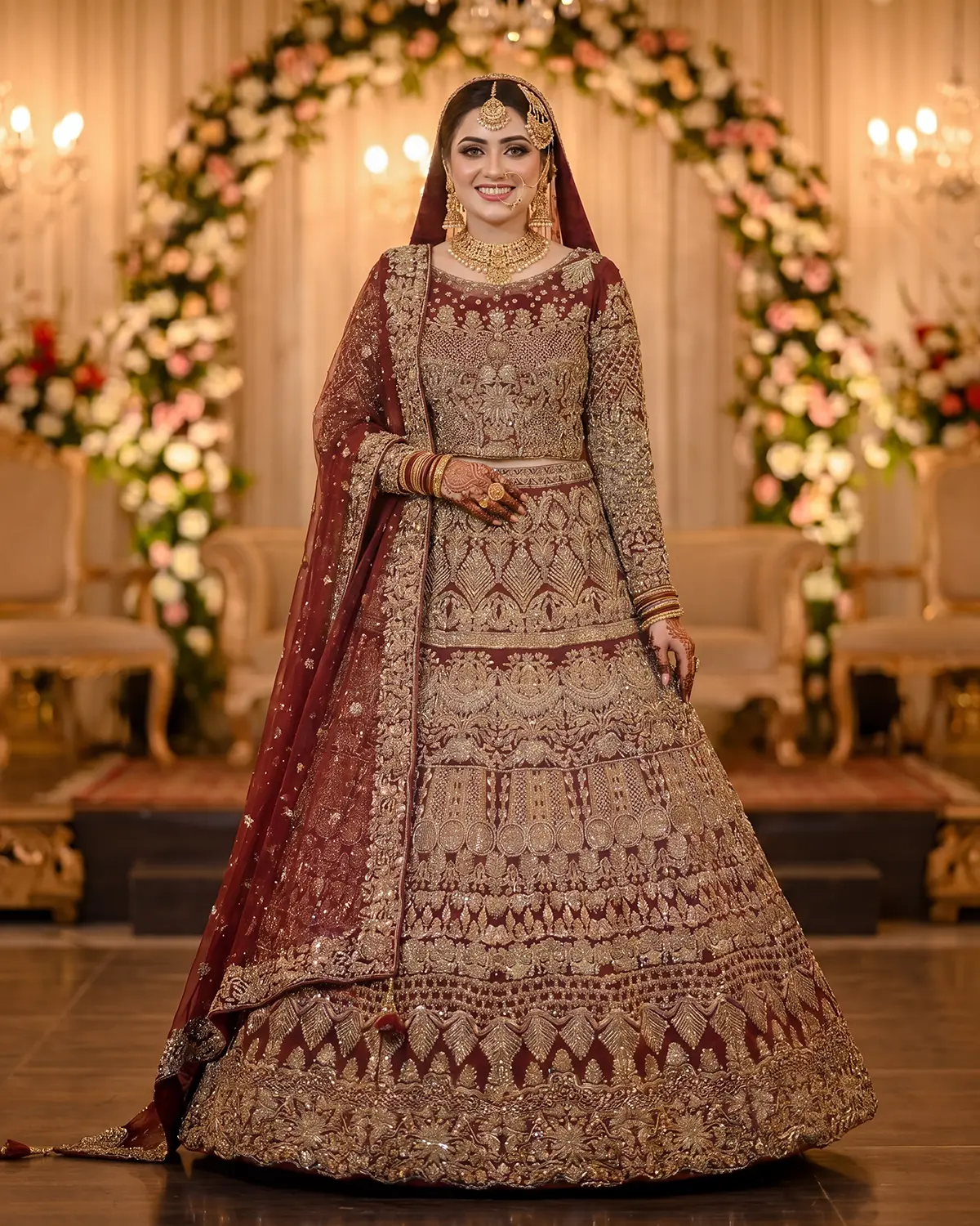Royal Maroon Rust gold Embroidered Bridal lehenga - Image 2
