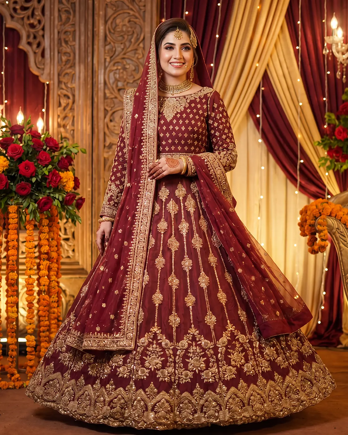 Royal Rust Patterned Zari Work Bridal Lehenga - Image 2