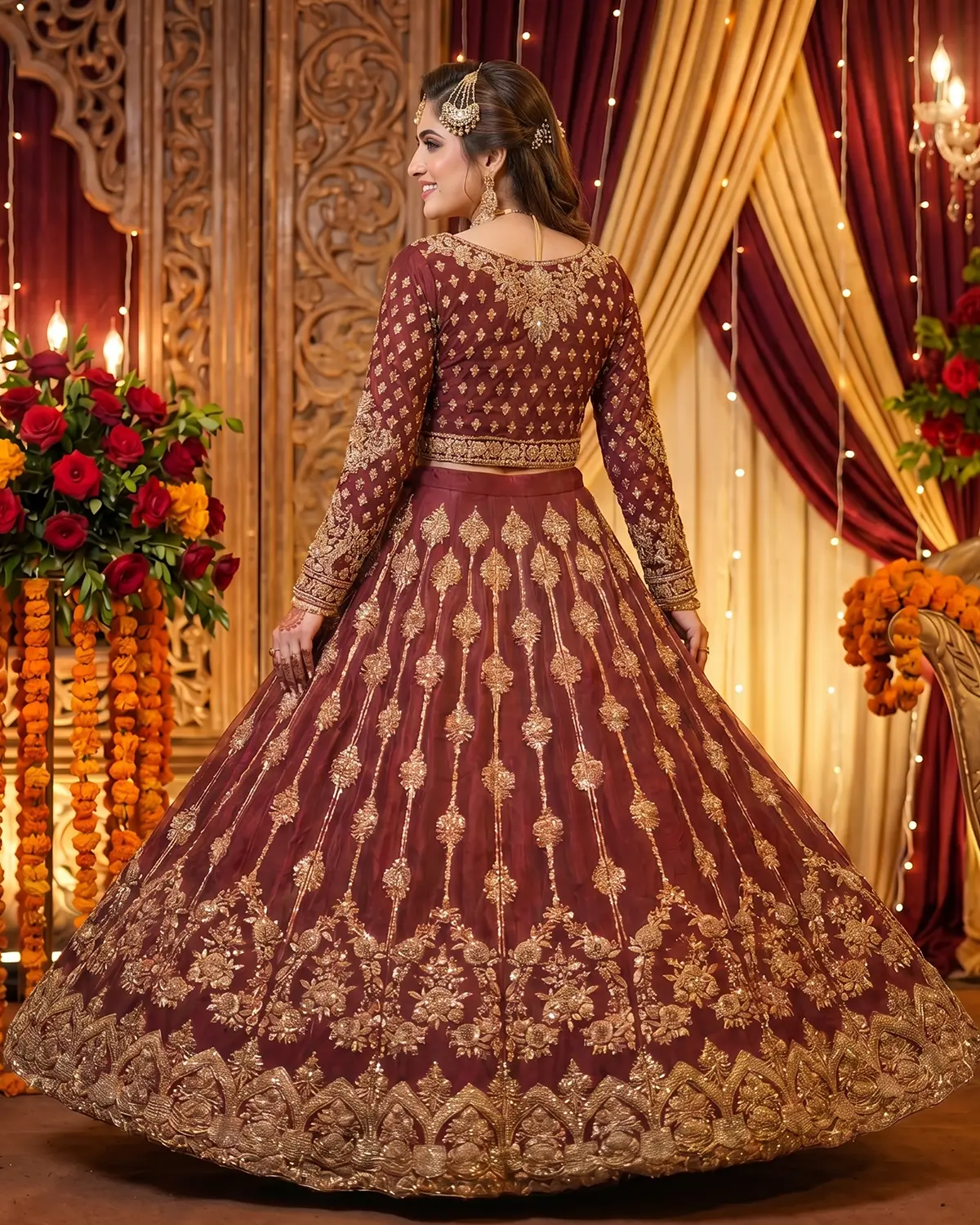 Royal Rust Patterned Zari Work Bridal Lehenga - Image 3