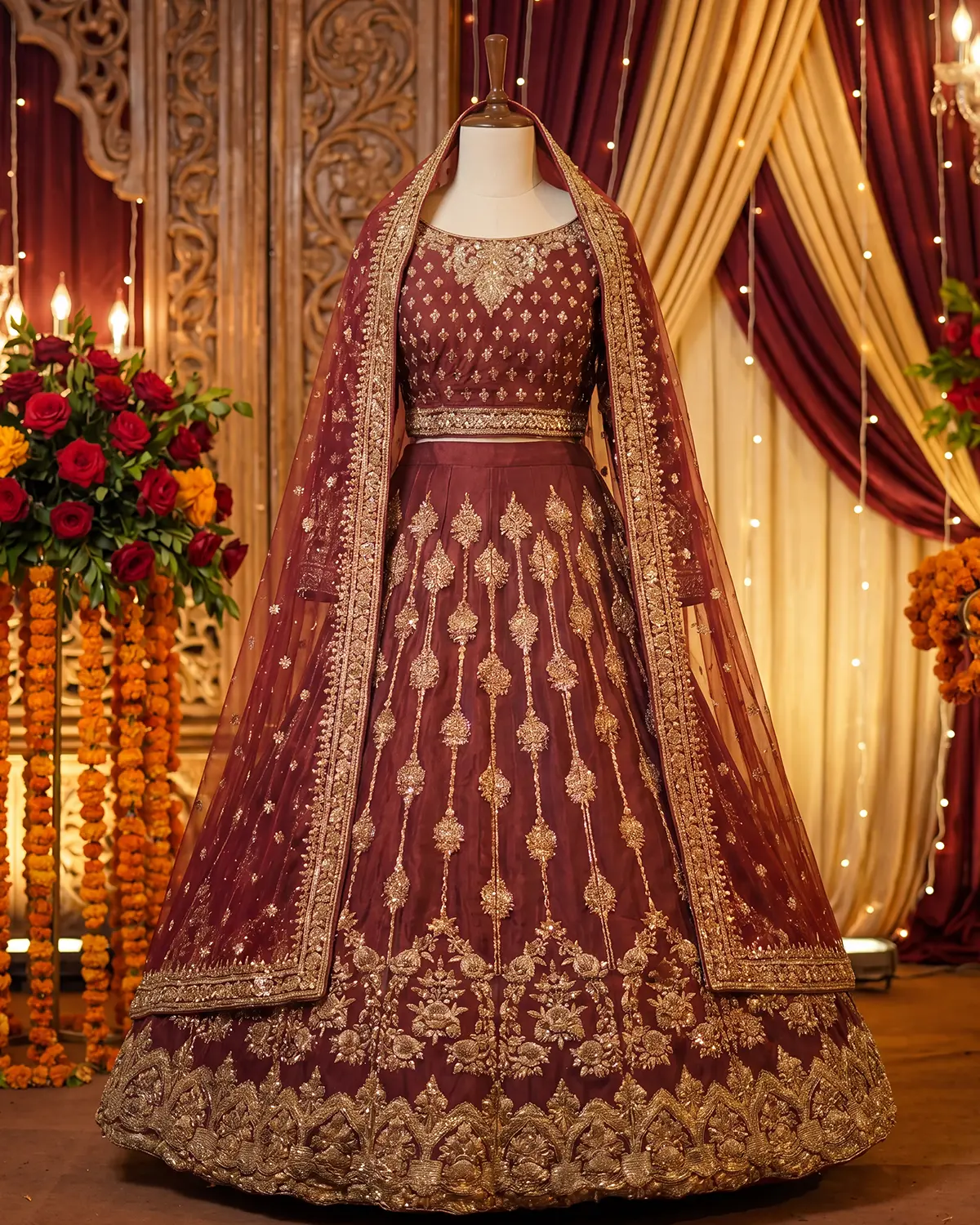 Royal Rust Patterned Zari Work Bridal Lehenga