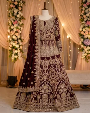 Royal Valvet Maroon Elegant Mughal Zardozi Bridal Lehenga