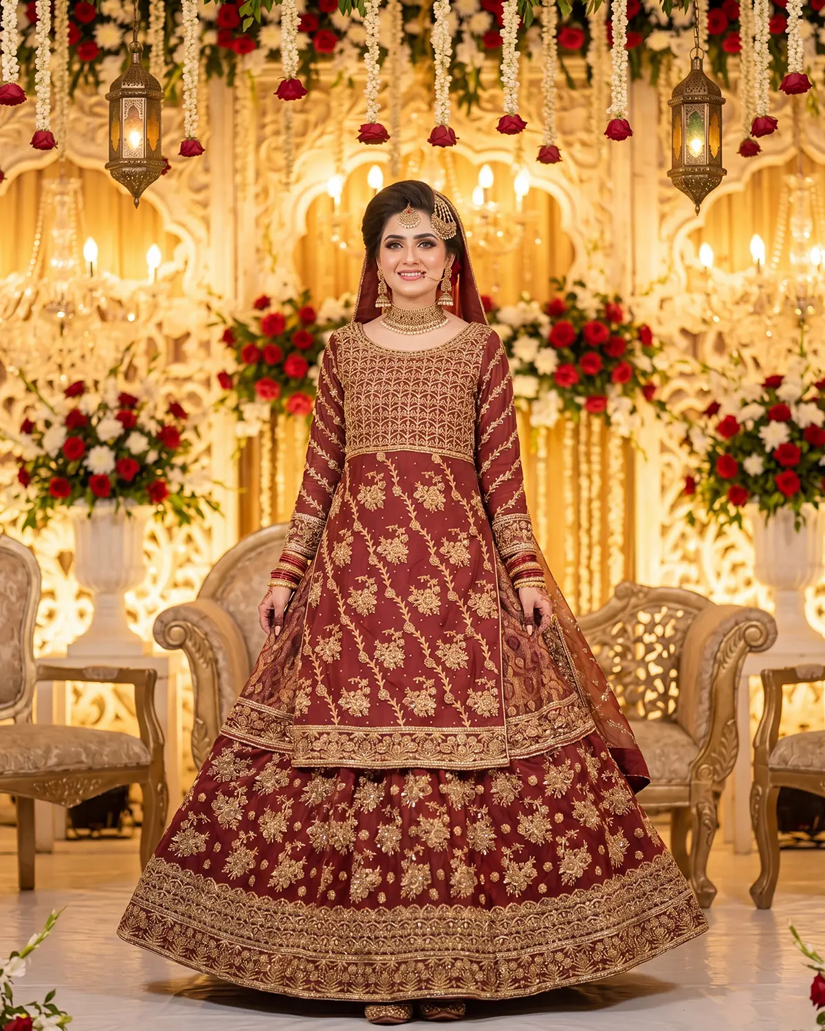 Rust Gold Noor Zari Work Bridal Farshi Lehenga Shirt - Image 2