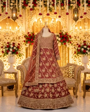 Rust Gold Noor Zari Work Bridal Farshi Lehenga Shirt