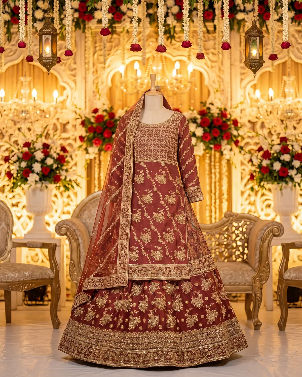 Rust Gold Noor Zari Work Bridal Farshi Lehenga Shirt