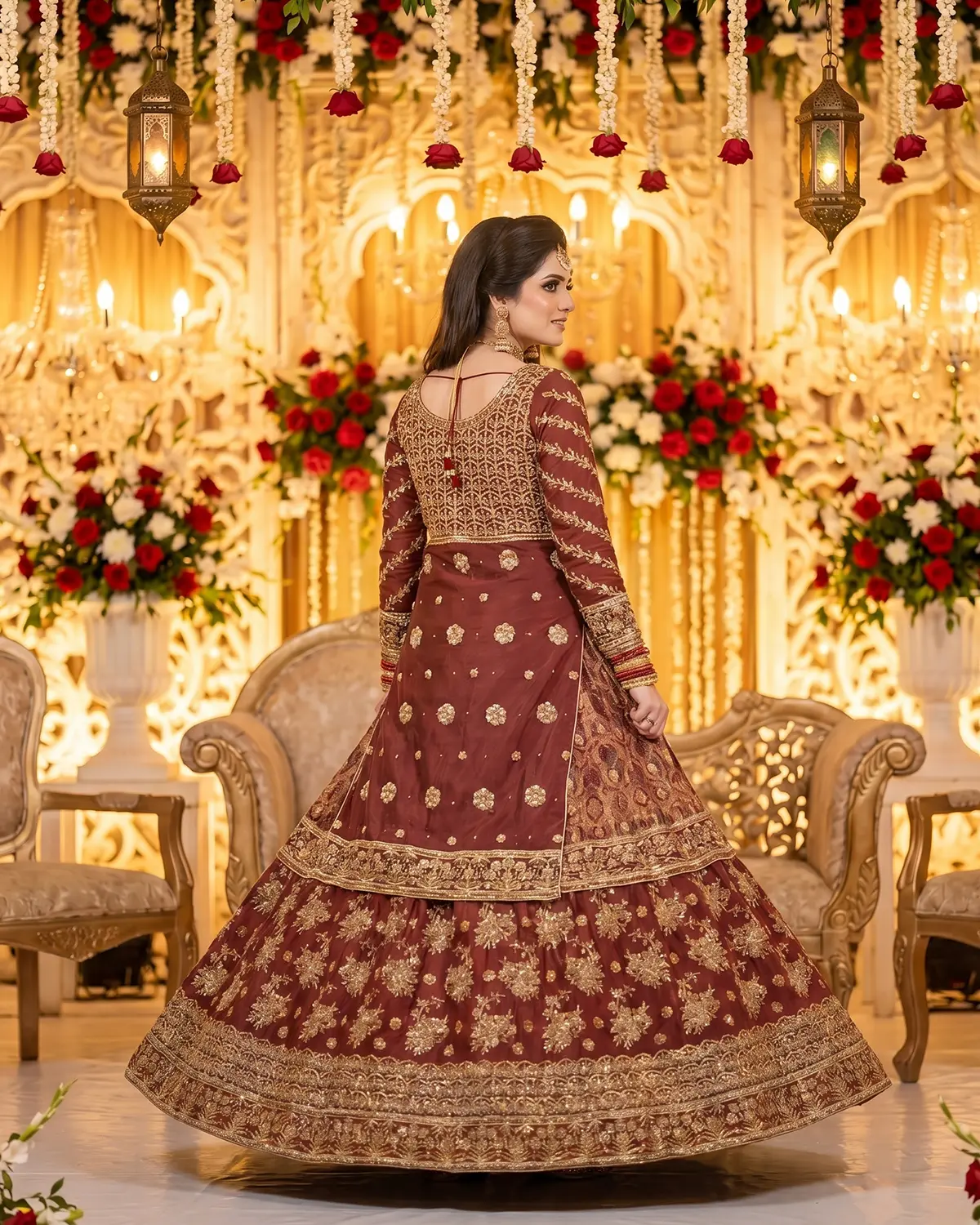 Rust Gold Noor Zari Work Bridal Farshi Lehenga Shirt - Image 3