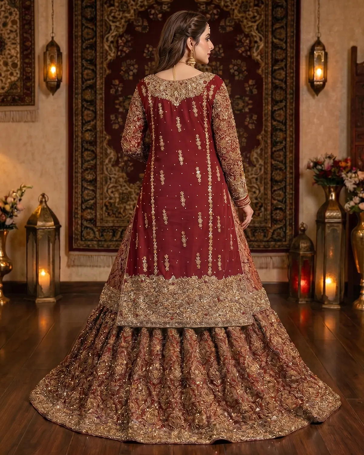 Rust Maroon Gold Heavy Embroidered Bridal Farshi Lehenga Long Shirt - Image 3
