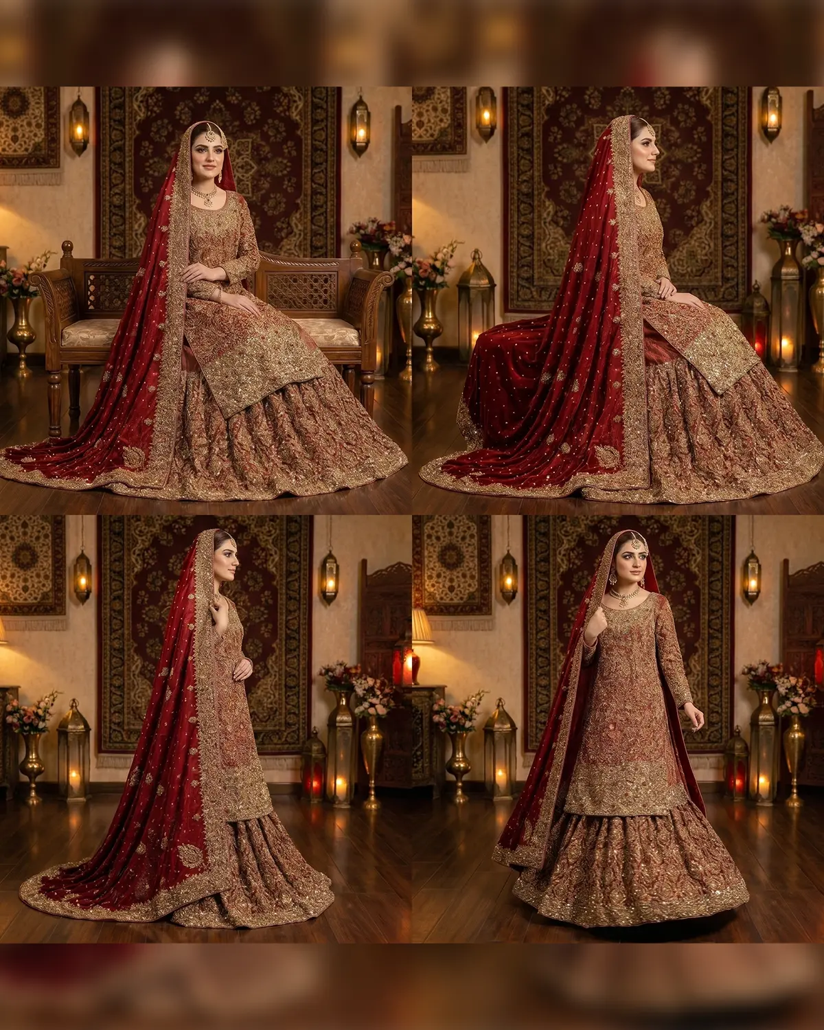 Rust Maroon Gold Heavy Embroidered Bridal Farshi Lehenga Long Shirt - Image 4