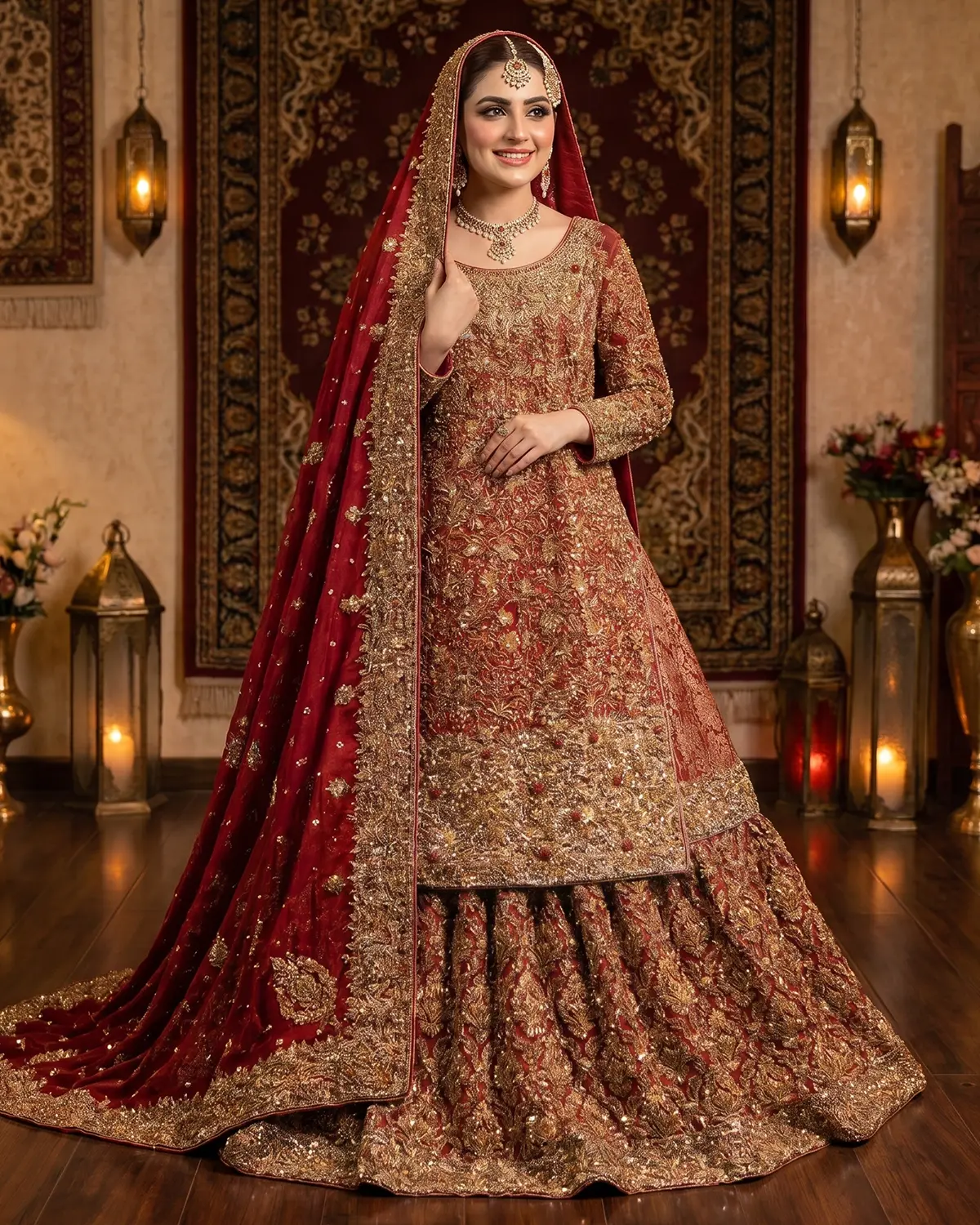 Rust Maroon Gold Heavy Embroidered Bridal Farshi Lehenga Long Shirt - Image 2