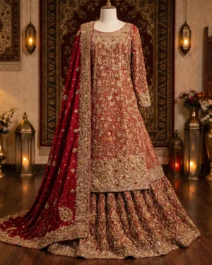 Rust Maroon Gold Heavy Embroidered Bridal Farshi Lehenga Long Shirt