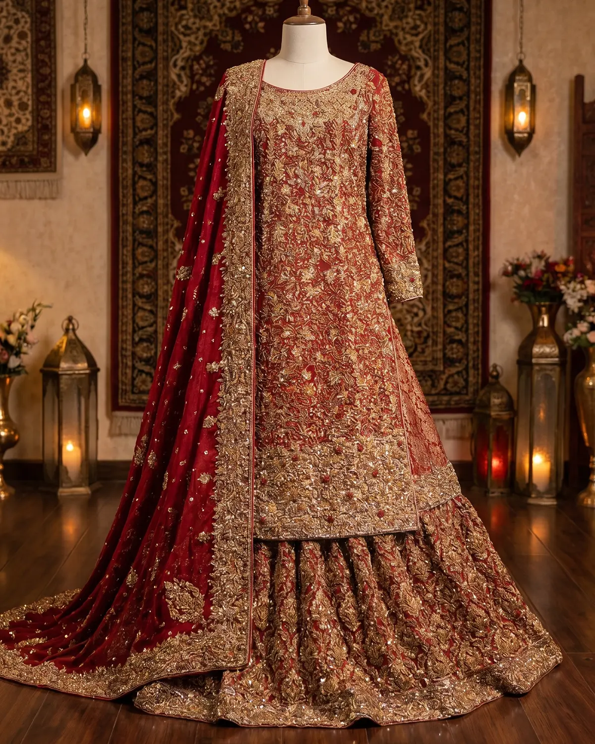 Rust Maroon Gold Heavy Embroidered Bridal Farshi Lehenga Long Shirt