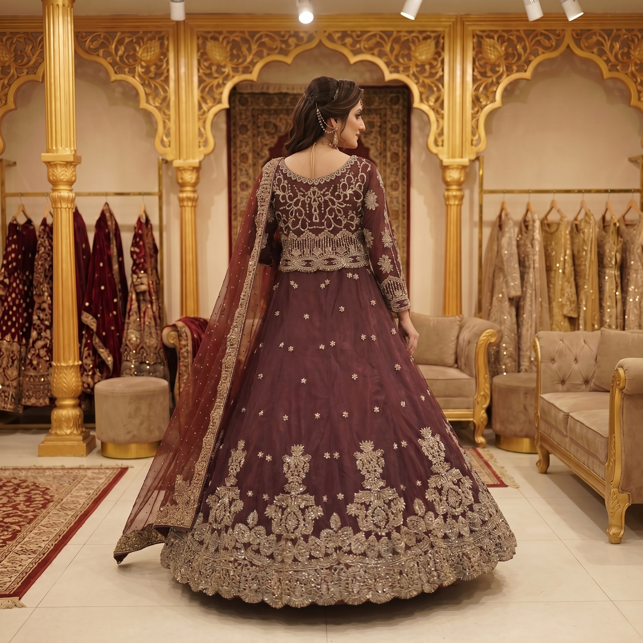 Royal Maroon Gold Abeer Zari Work Bridal Lehenga - Image 3