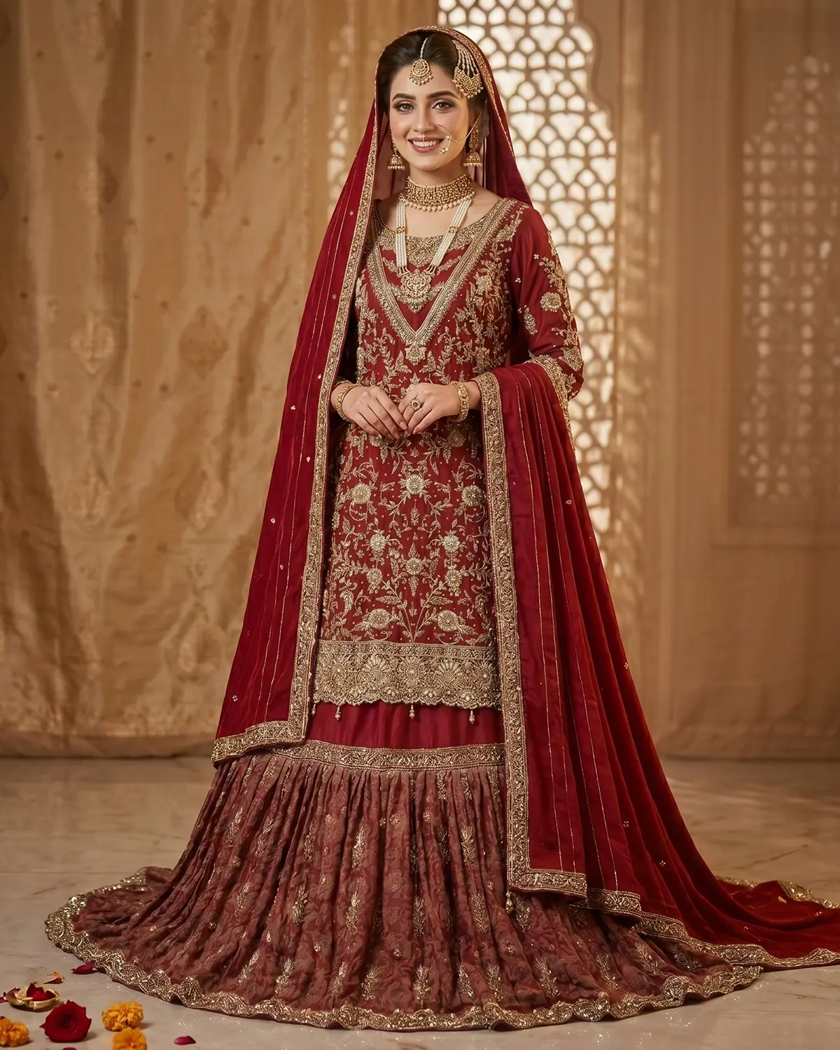 Crimson Luxury Embroidered Bridal Farshi Lehenga Long Shirt - Image 2