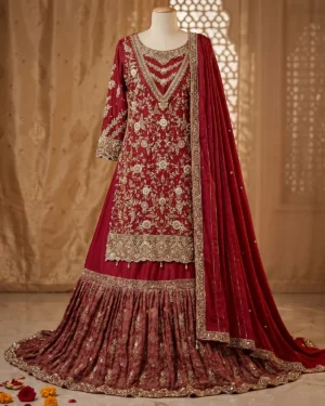 Crimson Luxury Embroidered Bridal Farshi Lehenga Long Shirt