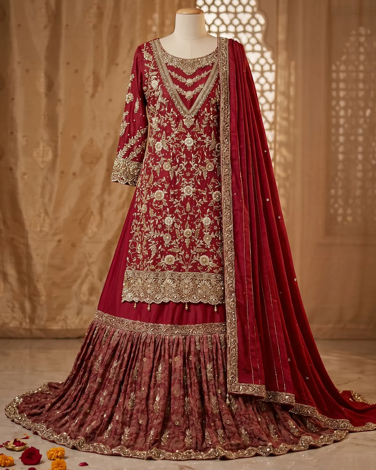 Crimson Luxury Embroidered Bridal Farshi Lehenga Long Shirt