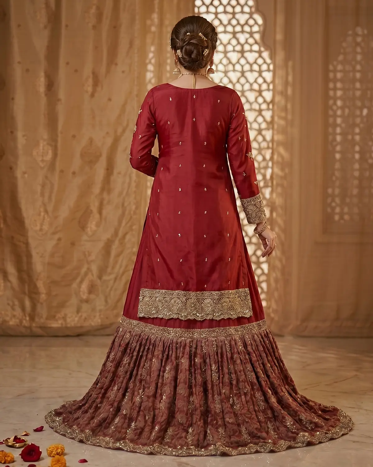 Crimson Luxury Embroidered Bridal Farshi Lehenga Long Shirt - Image 3