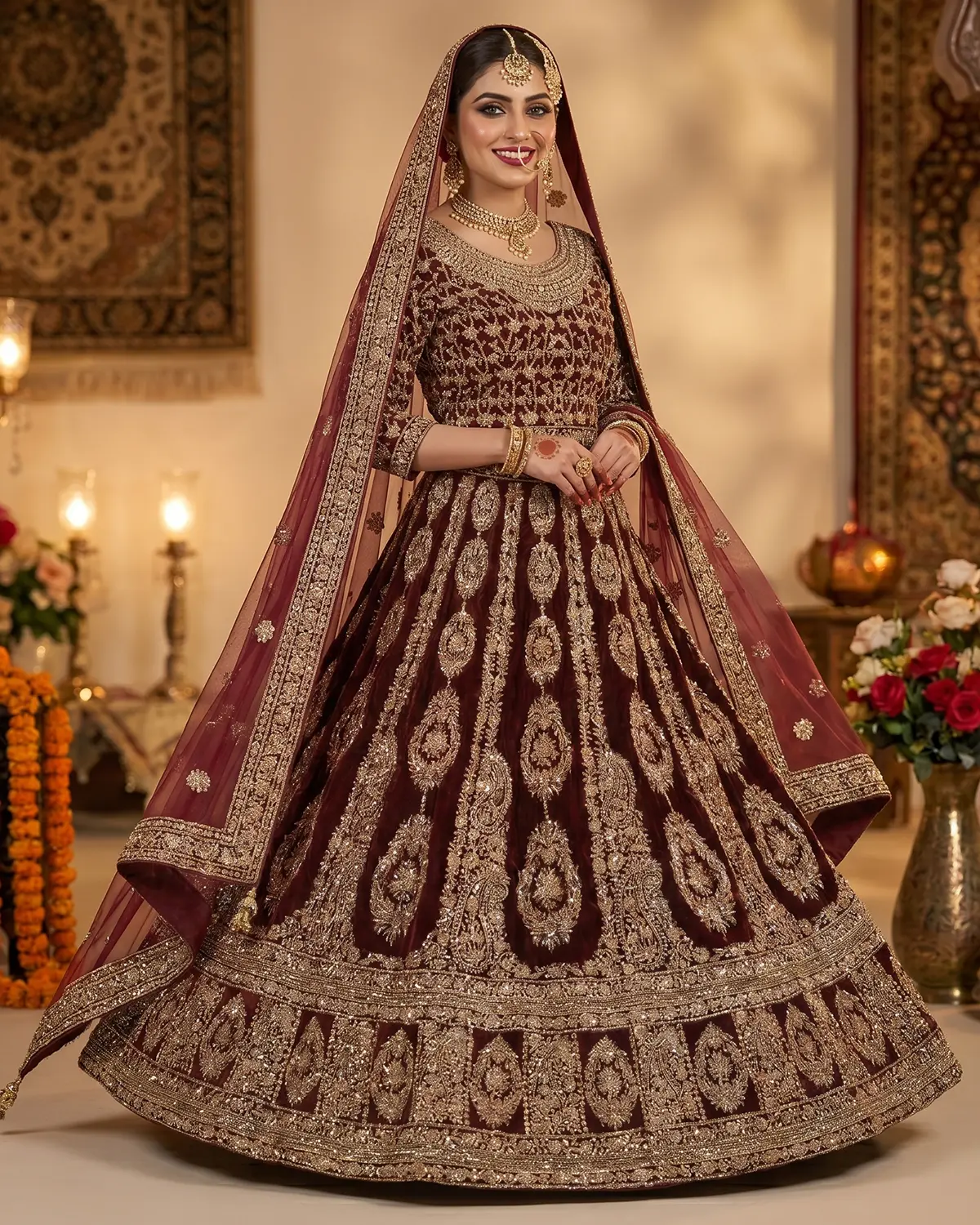 Deep Maroon Elara Regal Premium Velvet Bridal Lehenga - Image 2