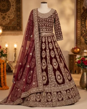 Deep Maroon Elara Regal Premium Velvet Bridal Lehenga
