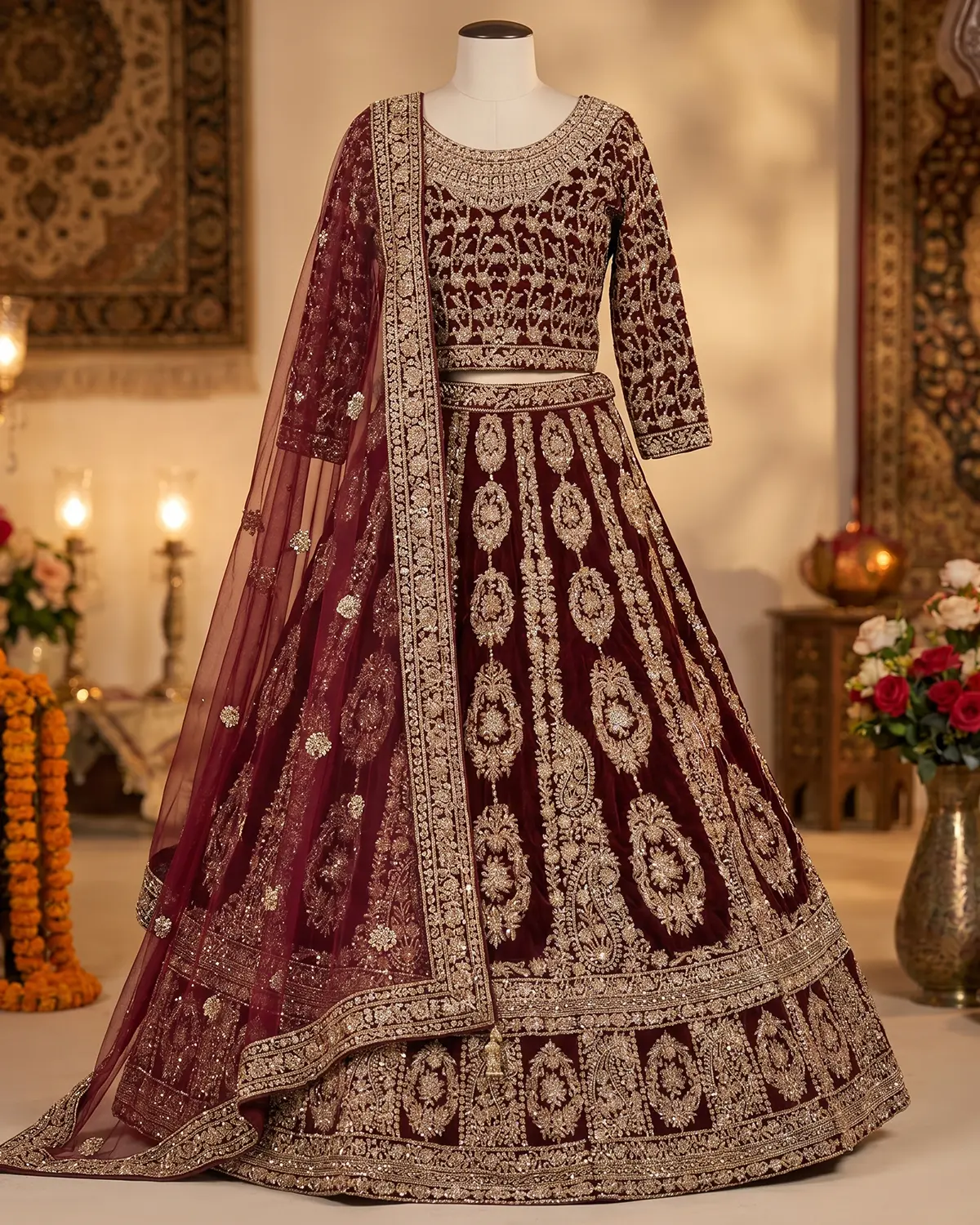 Deep Maroon Elara Regal Premium Velvet Bridal Lehenga