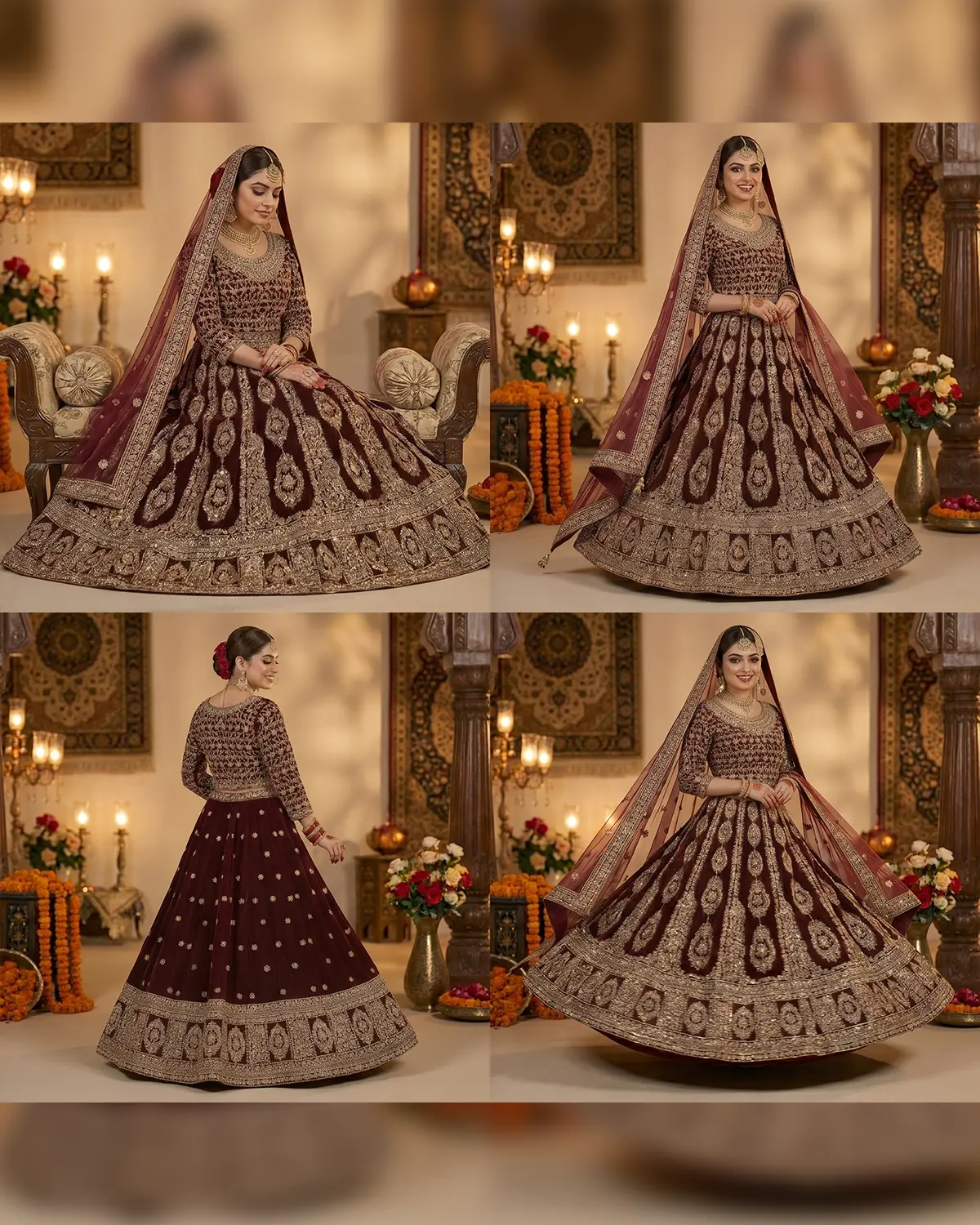 Deep Maroon Elara Regal Premium Velvet Bridal Lehenga - Image 4