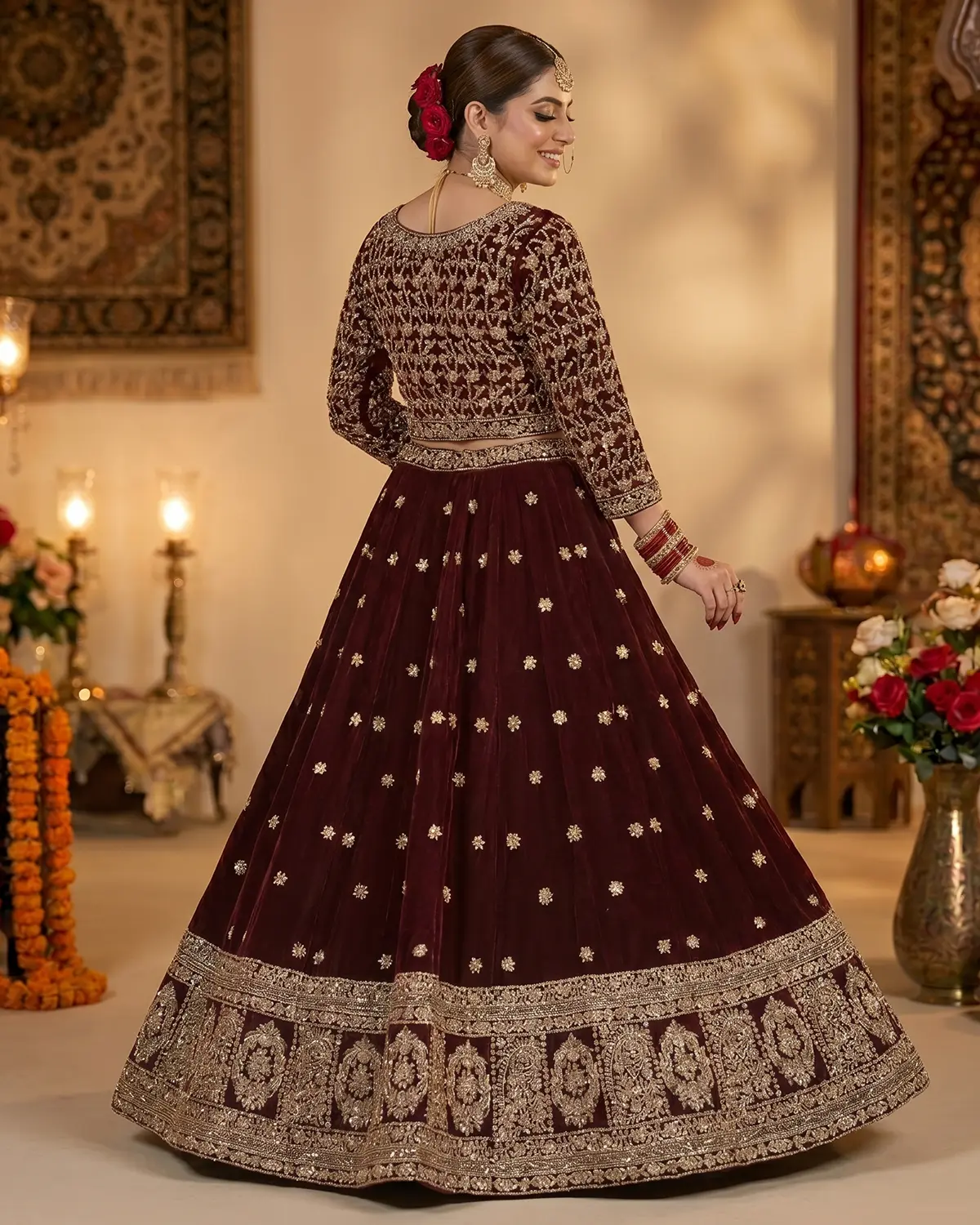 Deep Maroon Elara Regal Premium Velvet Bridal Lehenga - Image 3