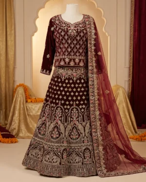 Deep Maroon Velvet Indian Tux Bridal Lehenga Shirt