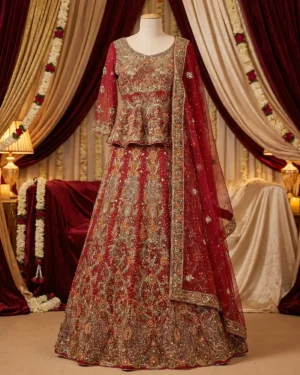 Deep Red Cooper Embroidery Bridal Tail Frock Lehenga